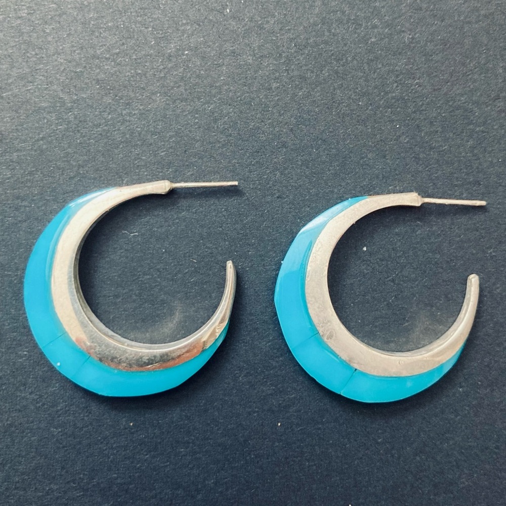 Vintage Old Pawn Turquoise and Silver Hoops